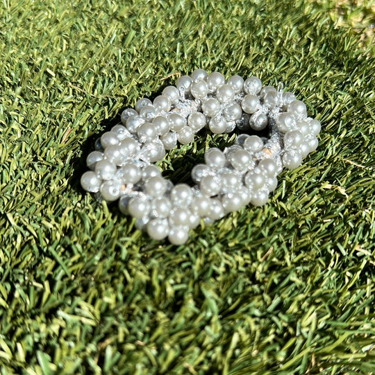 Platinum Silver Metallic Beaded Hair Scrunchie