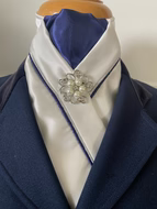 HHD Cream Satin Dressage Stock Tie Navy and Silver Rhinestone Pin