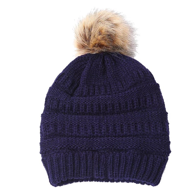 Navy blue cheap fur bobble hat