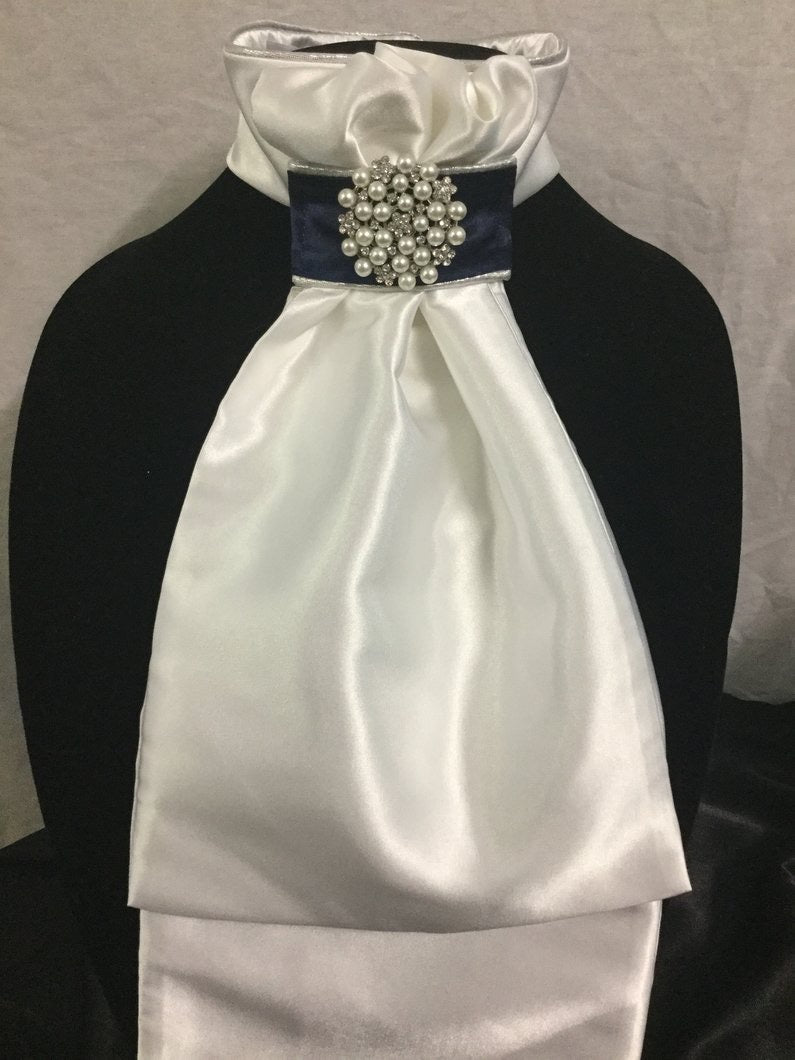 HHD White Satin ˜Dianna ˜Pre Tied Euro Stock Tie In Navy Silver And Pearls